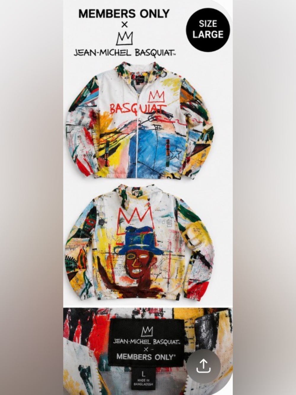 Members Only Jean-Michel Basquiat Windbreaker Art Graffiti Jacket, Large NWOT - Picture 4 of 10